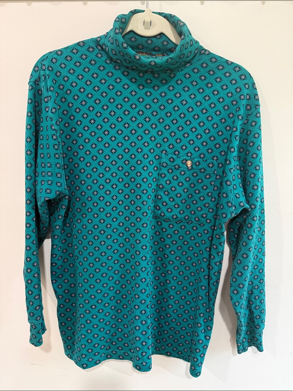 Vintage Eddie Bauer Teal Diamond-Pattern Turtleneck Cotton Top